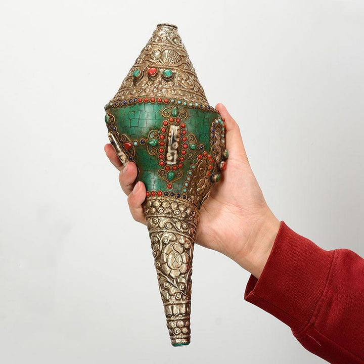Decorazione positiva della ricchezza della conchiglia del Buddha Shankha Double Dorje incisa a mano tibetana