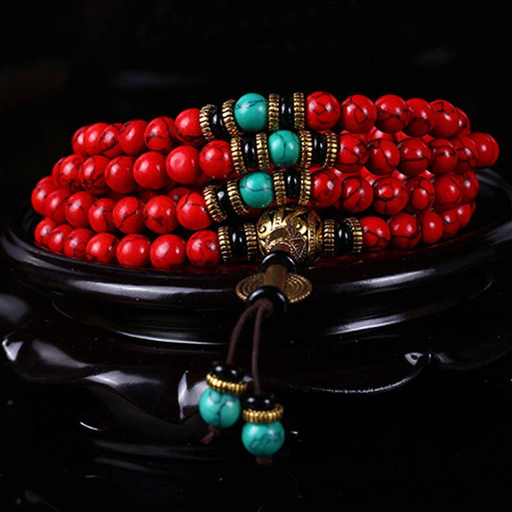 Buddha Stones Mala Tibetano Turchese Rosso Collana Fortunata Bracciale