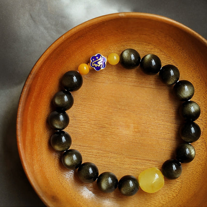 Bracciale Buddha Stones 925 Sterling Silver Zodiaco Cinese Buddha Natale Naturale Oro Lucentezza Ossidiana Ambra Protezione Ricchezza - image 2