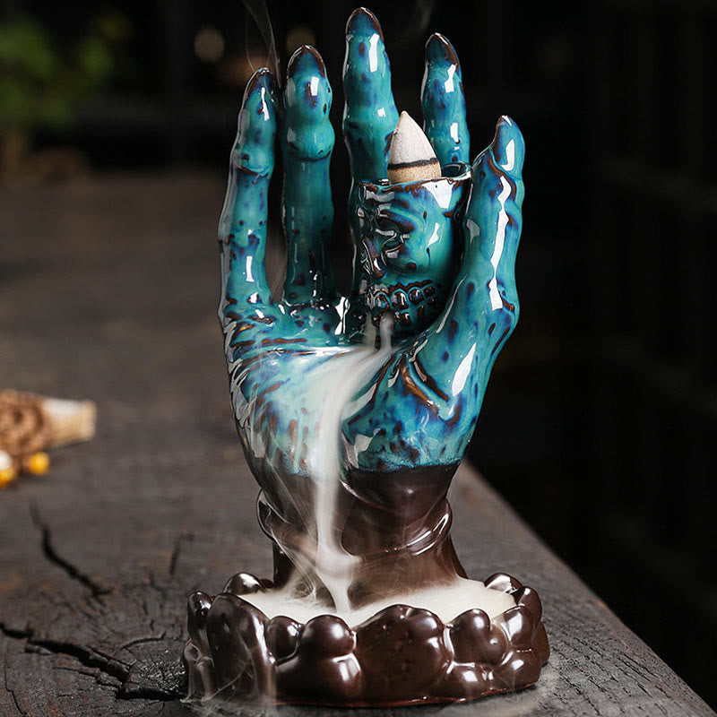 Buddha Stones Halloween Fantasma Mano Teschio Testa Ceramica Pace Guarigione Bruciatore di Incenso Decorazione