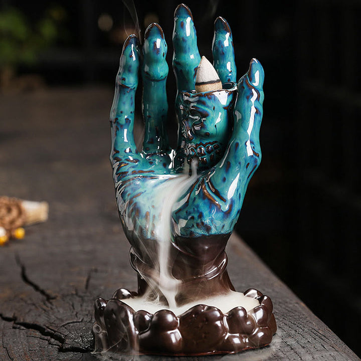 Buddha Stones Halloween Fantasma Mano Teschio Testa Ceramica Pace Guarigione Bruciatore di Incenso Decorazione