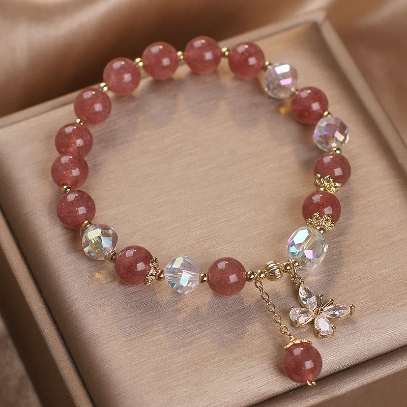 Braccialetto con ciondolo a farfalla con guarigione dell'amore in quarzo fragola naturale Buddha Stones
