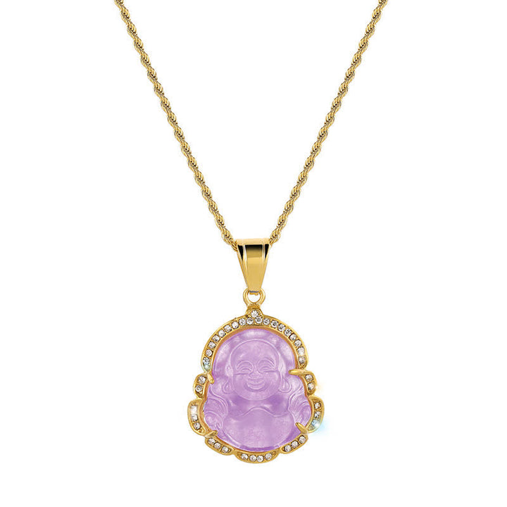 Collana con ciondolo a forma di Buddha in giada con Buddha che ride, riempita in oro 18 carati, Buddha Stones - Viola chiaro - image 14