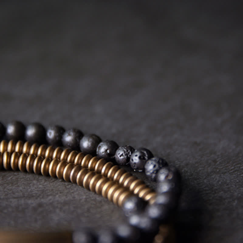 Braccialetto di supporto in rame con roccia lavica vintage Buddha Stones