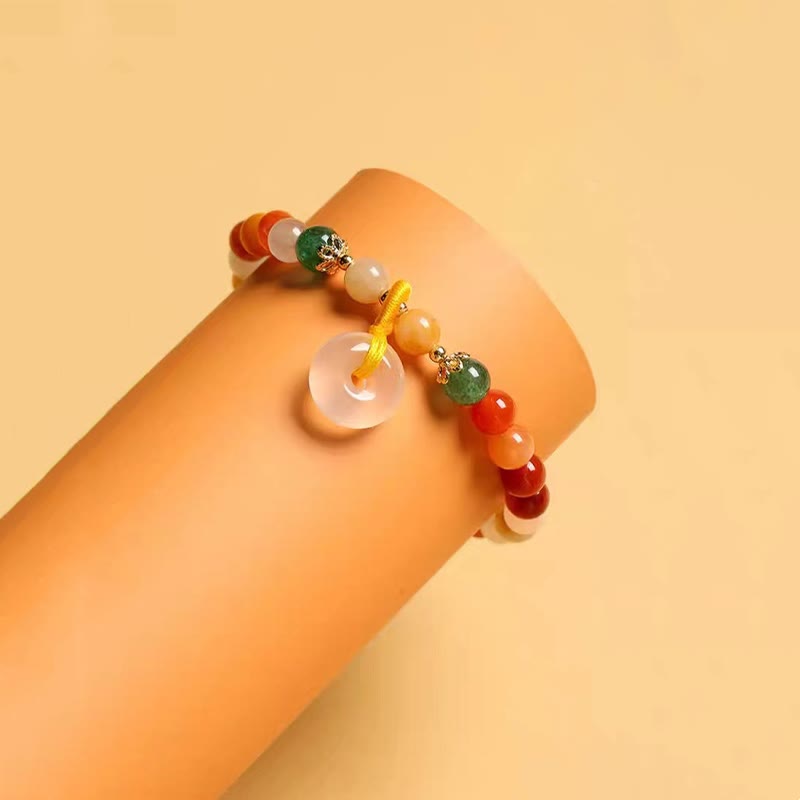 Bracciale Buddha Stones placcato oro 14K, giada di seta dorata colorata, fibbia della pace, ricchezza