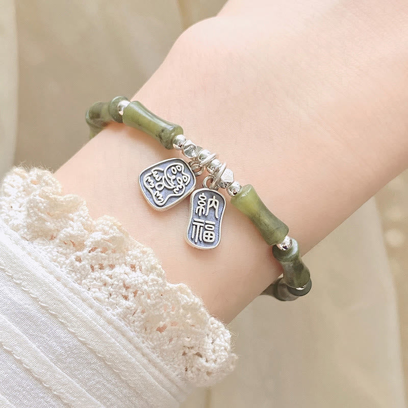 Bracciale Buddha Stones 925 Sterling Silver Bamboo Jade Lucky Cat Fu Character Luck Abundance