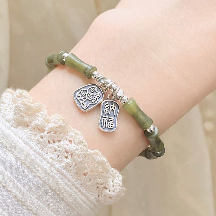 Bracciale Buddha Stones 925 Sterling Silver Bamboo Jade Lucky Cat Fu Character Luck Abundance