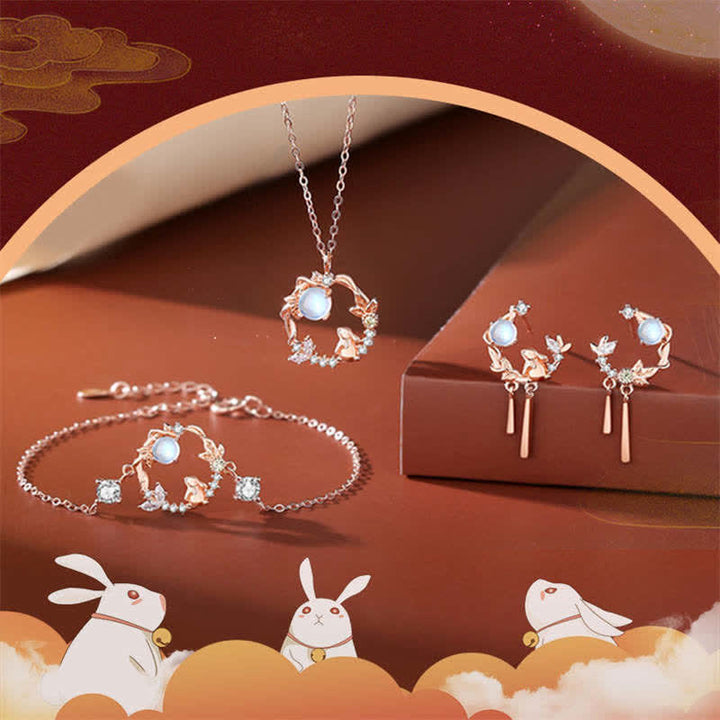 Collana con ciondolo e orecchini in argento sterling 925 con motivo a fiori di pietra lunare dell'anno del coniglio - image 10
