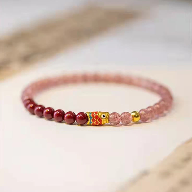 Braccialetto curativo con pesce koi portafortuna in quarzo fragola naturale cinabro Buddha Stones