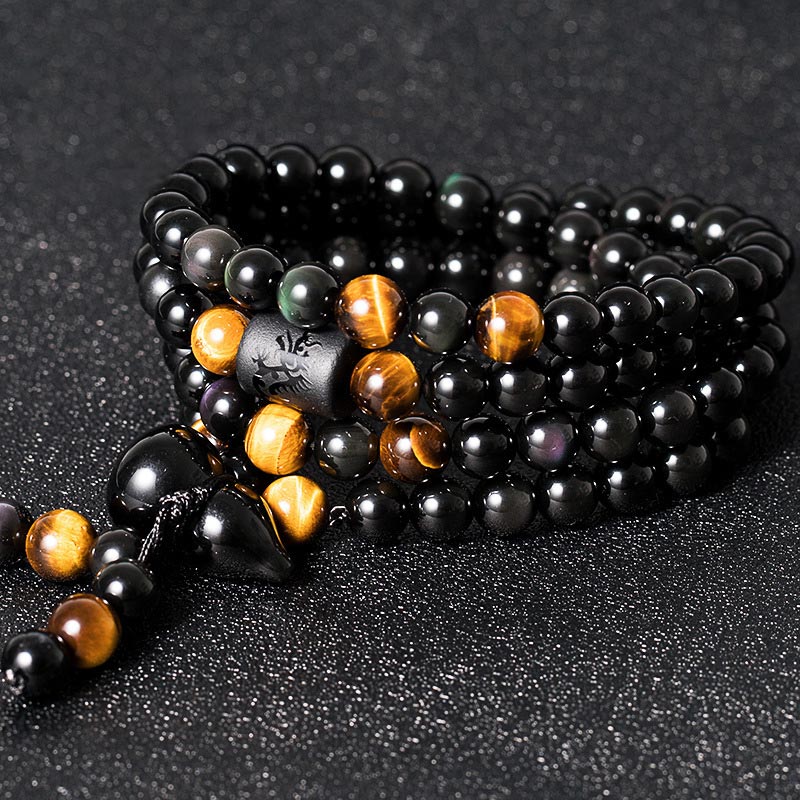 Braccialetto di benedizione di zucca di ossidiana arcobaleno di ossidiana nera naturale Buddha Stones Mala
