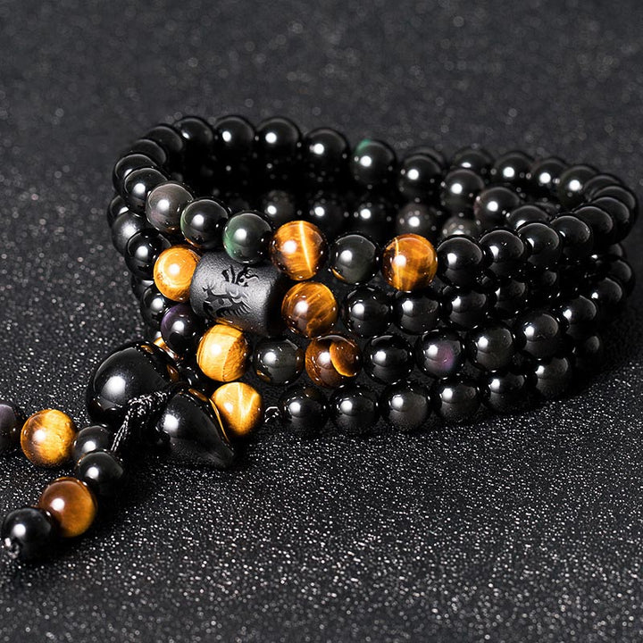 Braccialetto di benedizione di zucca di ossidiana arcobaleno di ossidiana nera naturale Buddha Stones Mala