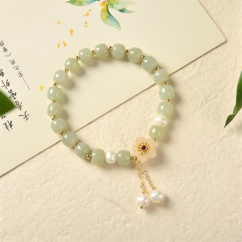 Braccialetto di abbondanza di felicità con perle e fiori di giada di Hetian