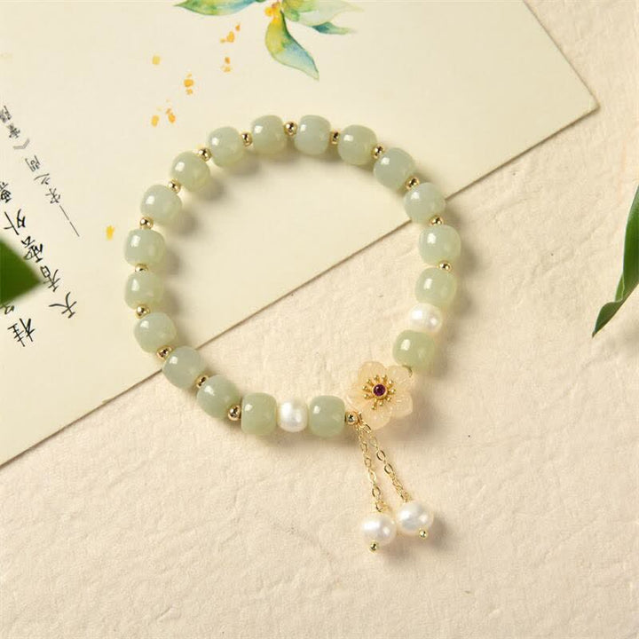 Braccialetto di abbondanza di felicità con perle e fiori di giada di Hetian