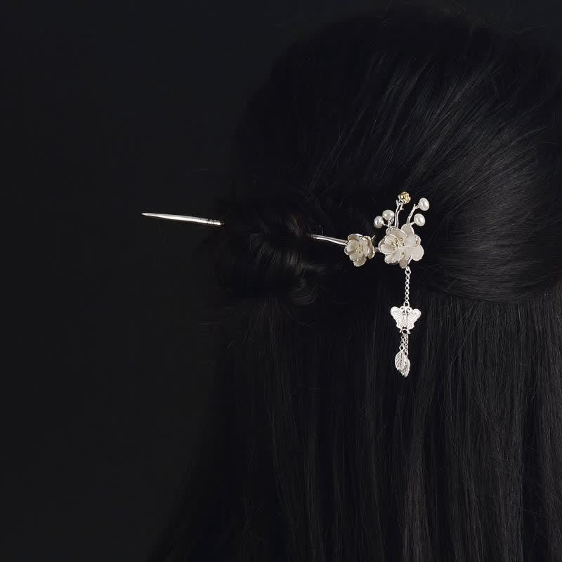 Spilla per capelli con farfalla e fiore di prugno, in Buddha Stones, con nappe d'amore. - image 2