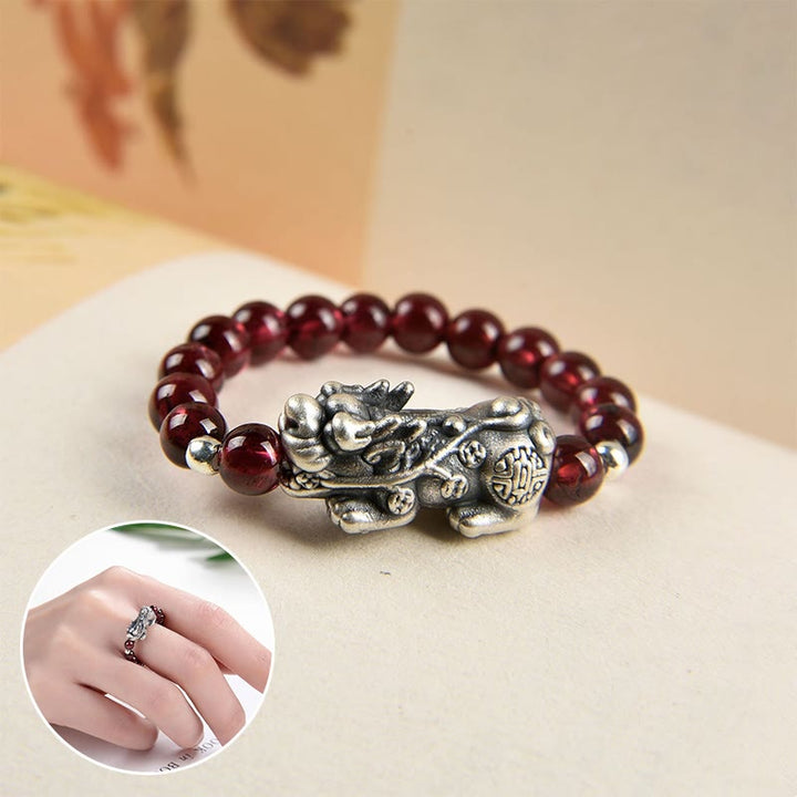 Buddha Stones 925 Sterling Silver Granato Naturale Pietra di Luna Agata Rossa Anello PiXiu Wealth