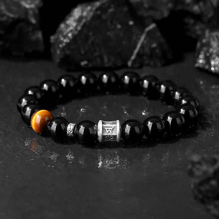Bracciale Buddha Stones 999 Sterling Silver Ossidiana Nera Occhio di Tigre Om Mani Padme Hum Fulfillment - Ossidiana nera (circonferenza del polso 18-20 cm) - image 0