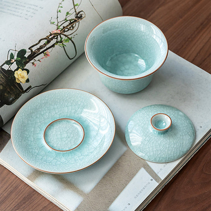 Buddha Stones Retro Green Ice Glaze Ceramic Gaiwan Sancai Tazza da tè Kung Fu Tazza da tè e piattino con coperchio
