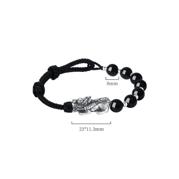 Buddha Stones 999 Sterling Silver FengShui PiXiu Ossidiana nera naturale 925 Sterling Silver Bead Strength Bracciale - image 10