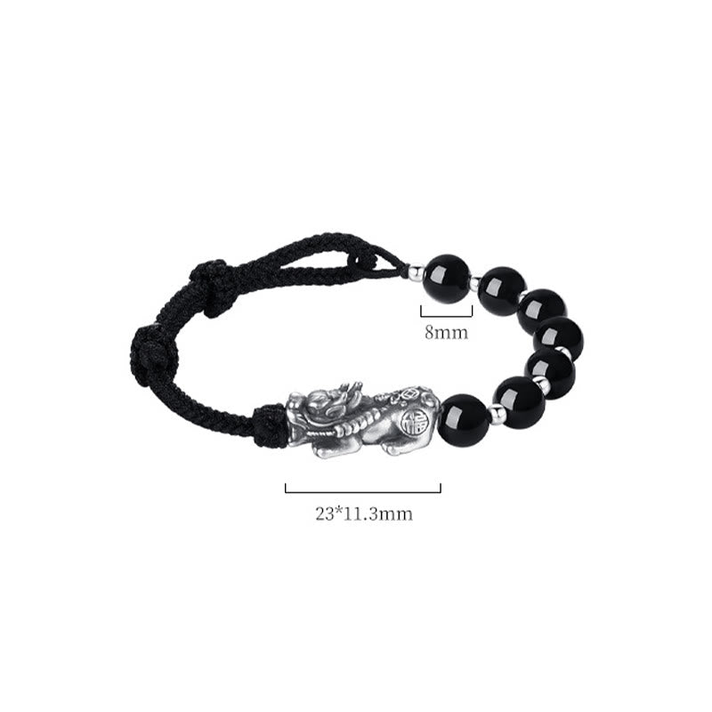 Buddha Stones 999 Sterling Silver FengShui PiXiu Ossidiana nera naturale 925 Sterling Silver Bead Strength Bracciale