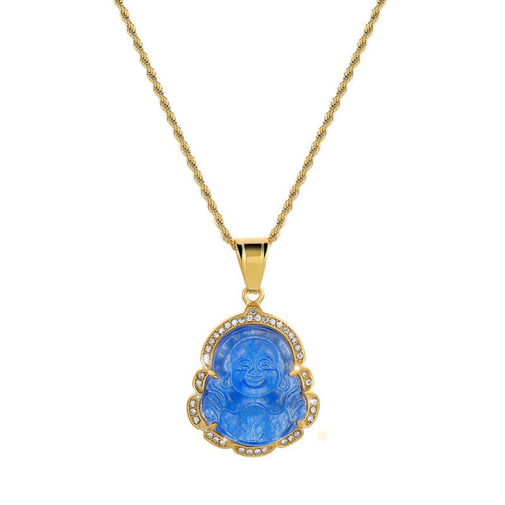 Collana con ciondolo a forma di Buddha in giada con Buddha che ride, riempita in oro 18 carati, Buddha Stones - Blu - image 15