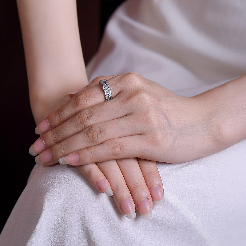 Anello di illuminazione inciso con Buddha Stones in argento sterling 999, fiore di loto, fiore di prugna, nuvole di buon auspicio - image 9