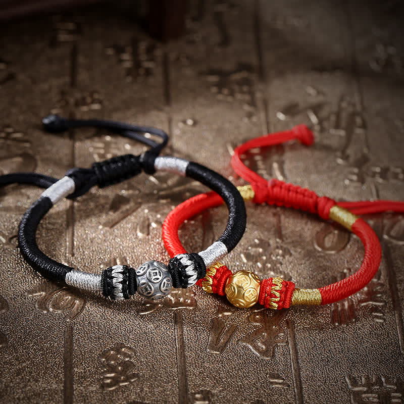 Braccialetto di perline con corda di protezione e portafortuna in argento sterling 999 con monete di rame rotonde Buddha Stones