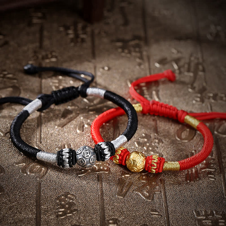 Braccialetto di perline con corda di protezione e portafortuna in argento sterling 999 con monete di rame rotonde Buddha Stones