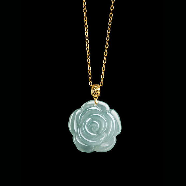 Collana con ciondolo in giada rosa naturale con Buddha Stones in oro 18 carati e argento sterling 925