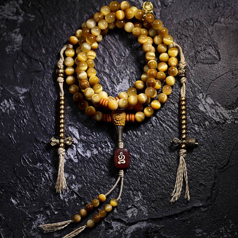 Buddha Stones 108 Mala Beads Natural Tiger Eye Rame Dorje Protezione Nappa Bracciale