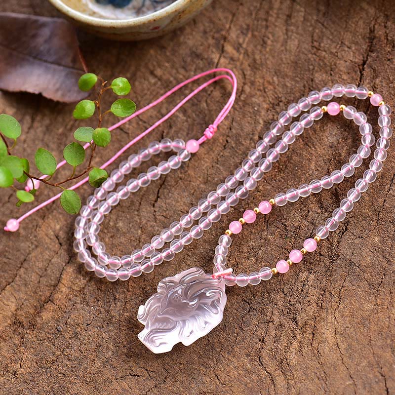 Collana con ciondolo a forma di volpe a nove code in cristallo rosa naturale Buddha Stones