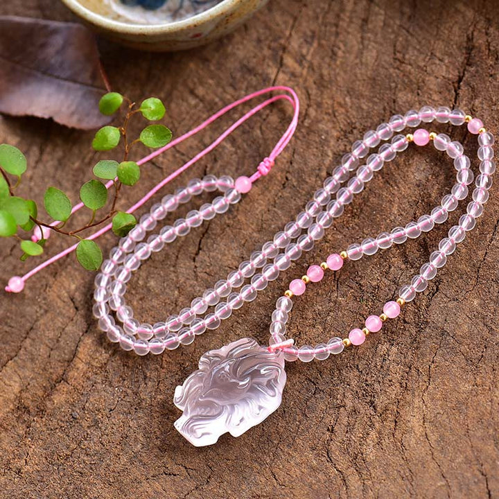 Collana con ciondolo a forma di volpe a nove code in cristallo rosa naturale Buddha Stones