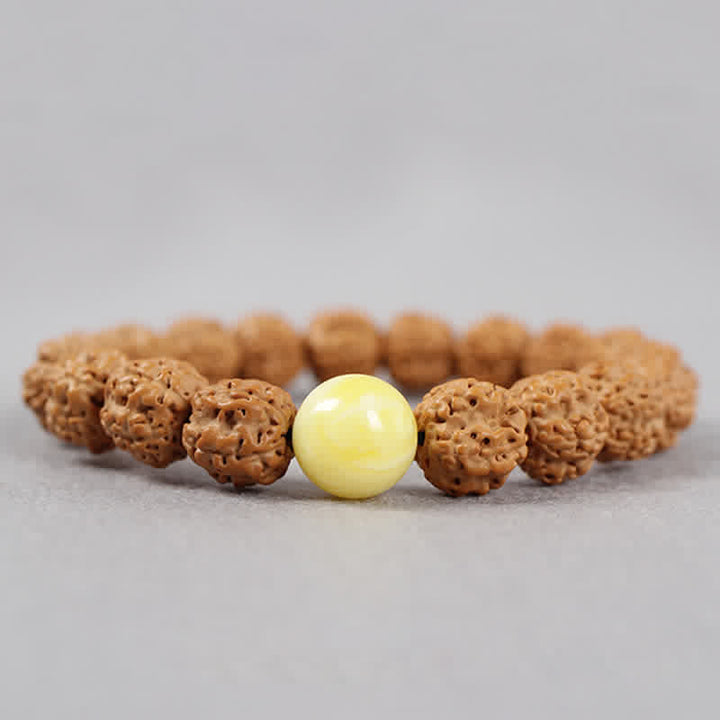 Buddha Stones Tibet Rudraksha Bodhi Seed Dzi Bead Ambra Turchese Bracciale della Ricchezza