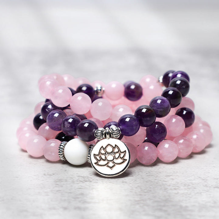 Bracciale con ciondolo di loto in perline di Mala in quarzo rosa naturale e ametista Buddha Stones
