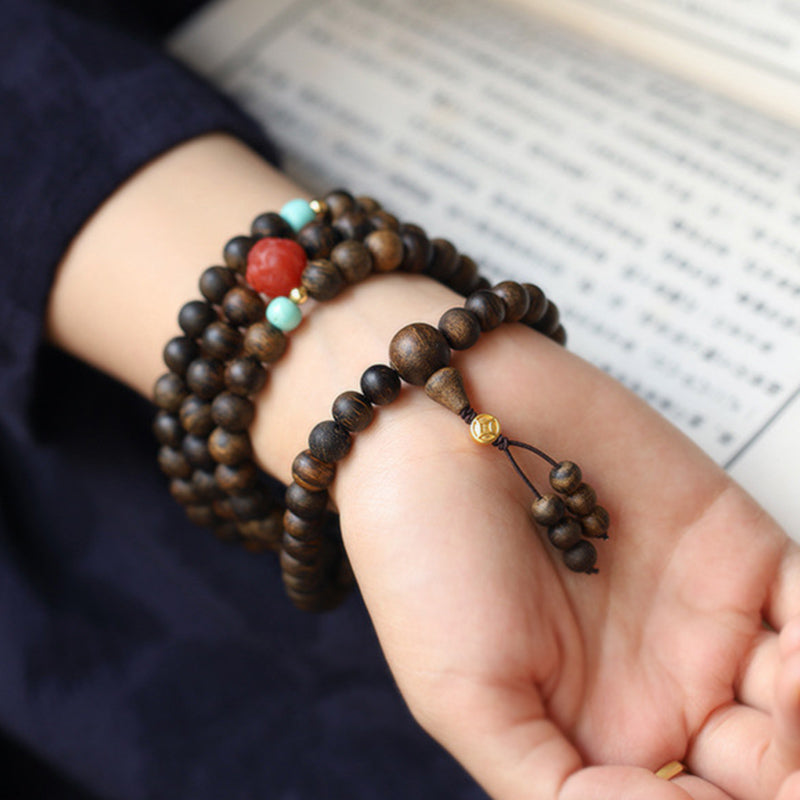 Buddha Stones 108 Mala Beads Agarwood Agata rossa Turchese Braccialetto di meditazione della pace