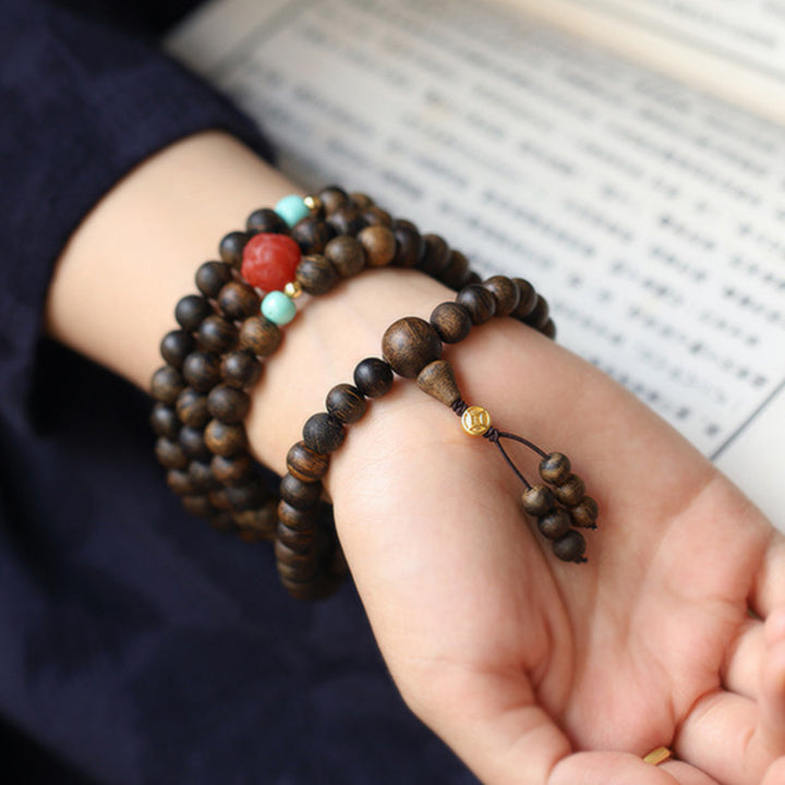 Buddha Stones 108 Mala Beads Agarwood Agata rossa Turchese Braccialetto di meditazione della pace