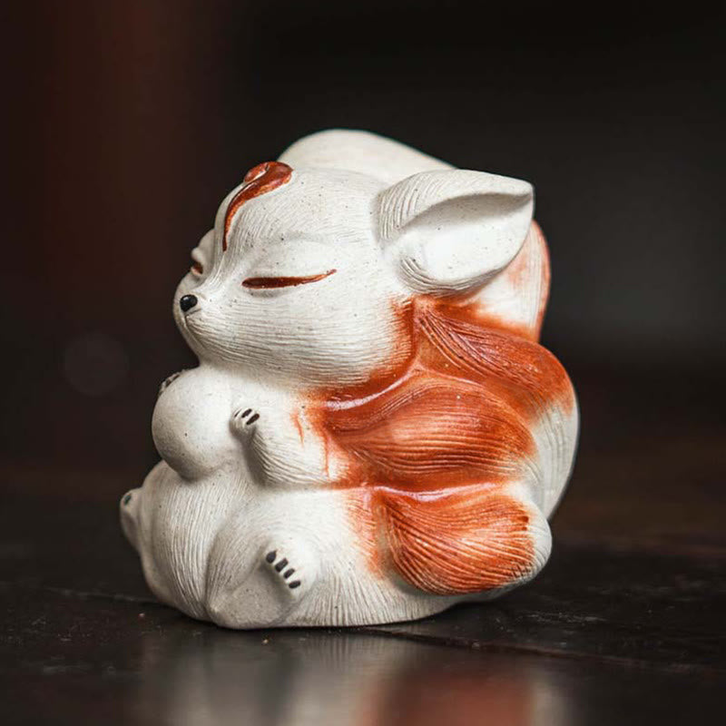 Decorazione da scrivania in argilla viola Buddha Stones e volpe a nove code