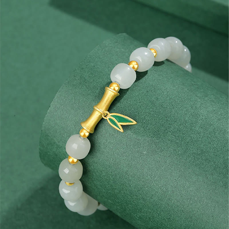 Braccialetto della fortuna in bambù e giada bianca Hetian in argento sterling 925 Buddha Stones
