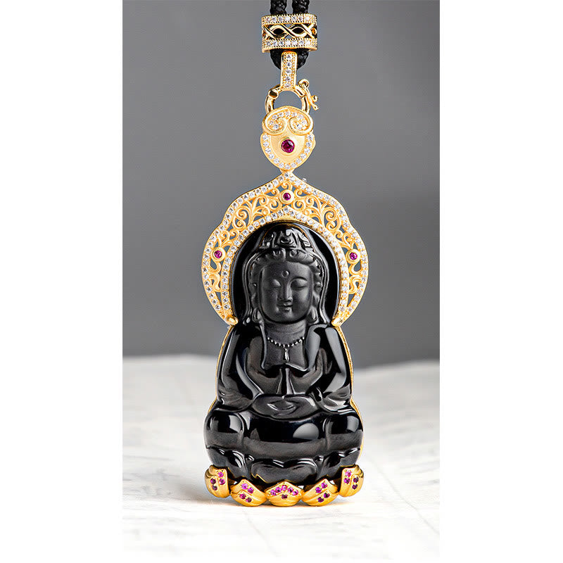 Buddha Stones 925 Sterling Silver Natural Black Jade Kwan Yin Avalokitesvara Collana con ciondolo Wealth - image 8