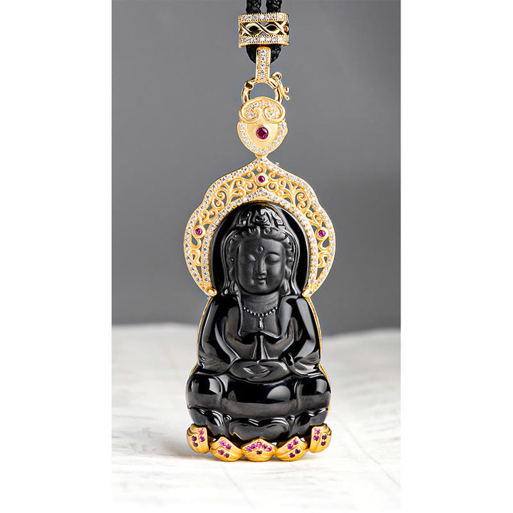 Buddha Stones 925 Sterling Silver Natural Black Jade Kwan Yin Avalokitesvara Collana con ciondolo Wealth - image 8
