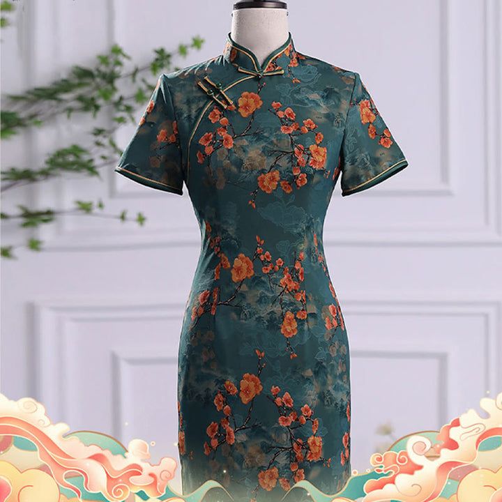 Abito da donna in cheongsam con stampa di piume di peonia e fiori di loto retrò Buddha Stones