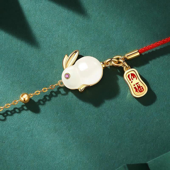Braccialetto a catena con cordino rosso della felicità in giada bianca dell'anno del coniglio Buddha Stones