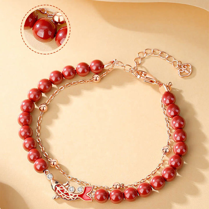 Bracciale a catena a doppio strato con zirconi e cinabro, in argento sterling 925, con pesce koi portafortuna, Buddha Stones