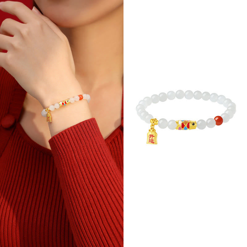 Bracciale Buddha Stones 925 Sterling Silver Hetian Giada Bianca Agata Rossa Koi Pesce Fortuna Felicità