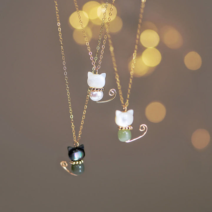 Buddha Stones 14K placcato oro perla Hetian giada conchiglia fortuna gatto gattino collana pendente - image 1