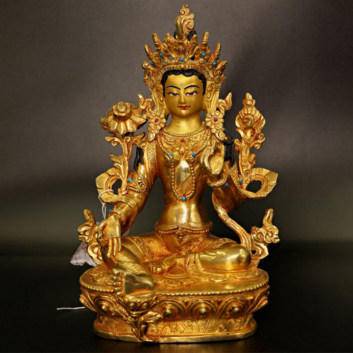 Bodhisattva Tara Chenrezig Avalokitesvara a quattro braccia Protezione Statua placcata in oro e rame Decorazione