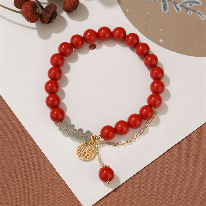 Braccialetto di giada calma con carattere Fu di cinabro e Buddha Stones