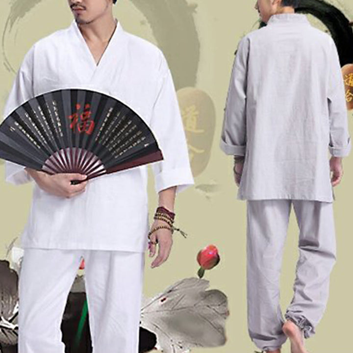 Set da uomo di abbigliamento yoga Buddha Stones a V, in cotone e lino, per meditazione e preghiera, spirituale e zen