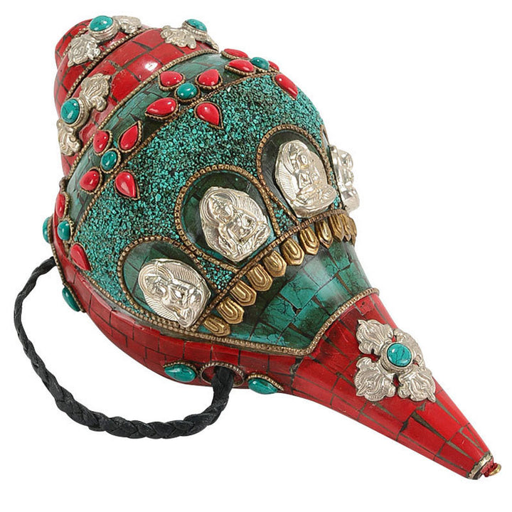 Shankha tibetano fatto a mano Om Mani Padme Hum Buddha Avalokitesvara Turchese Conchiglia Decorazione positiva