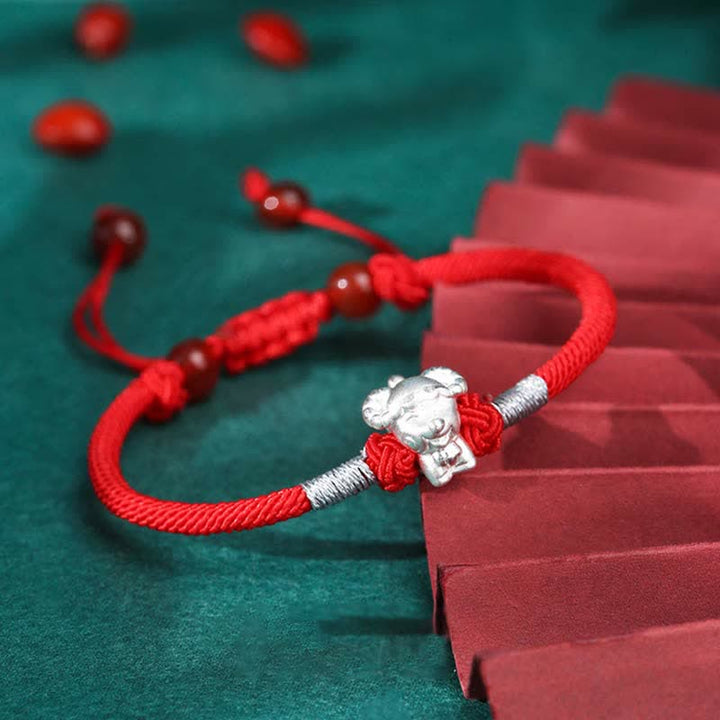 Braccialetto in corda rossa con Buddha Stones in argento sterling 999, zodiaco cinese, fortuna e forza