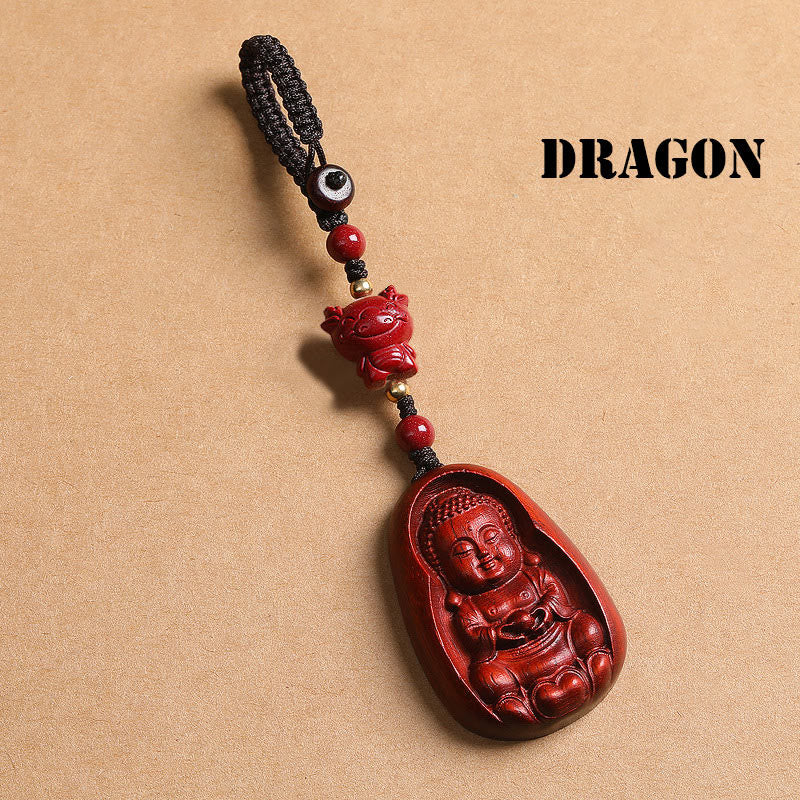 Buddha Stones Piccola foglia Sandalo rosso Buddha Cinabro Zodiaco cinese Amuleto Protezione Portachiavi